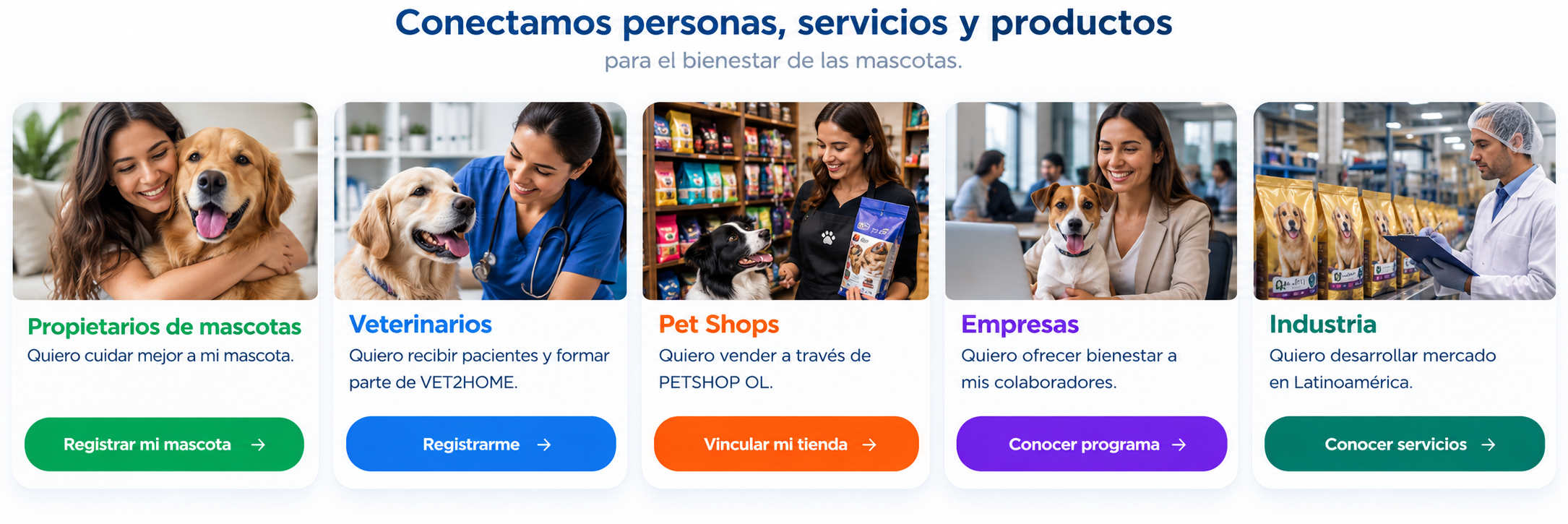 Propietarios, veterinarios, pet shops, empresas e industria representados con fotografías reales