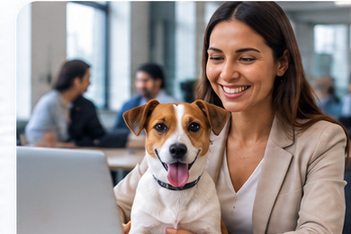 Profesional en entorno corporativo con mascota