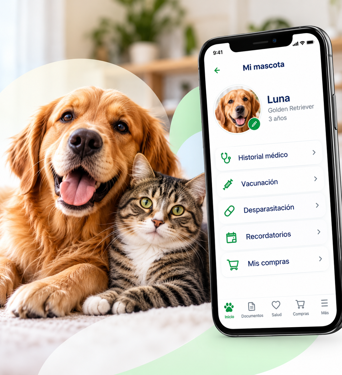 Perro y gato reales junto a PET DOCUMENT