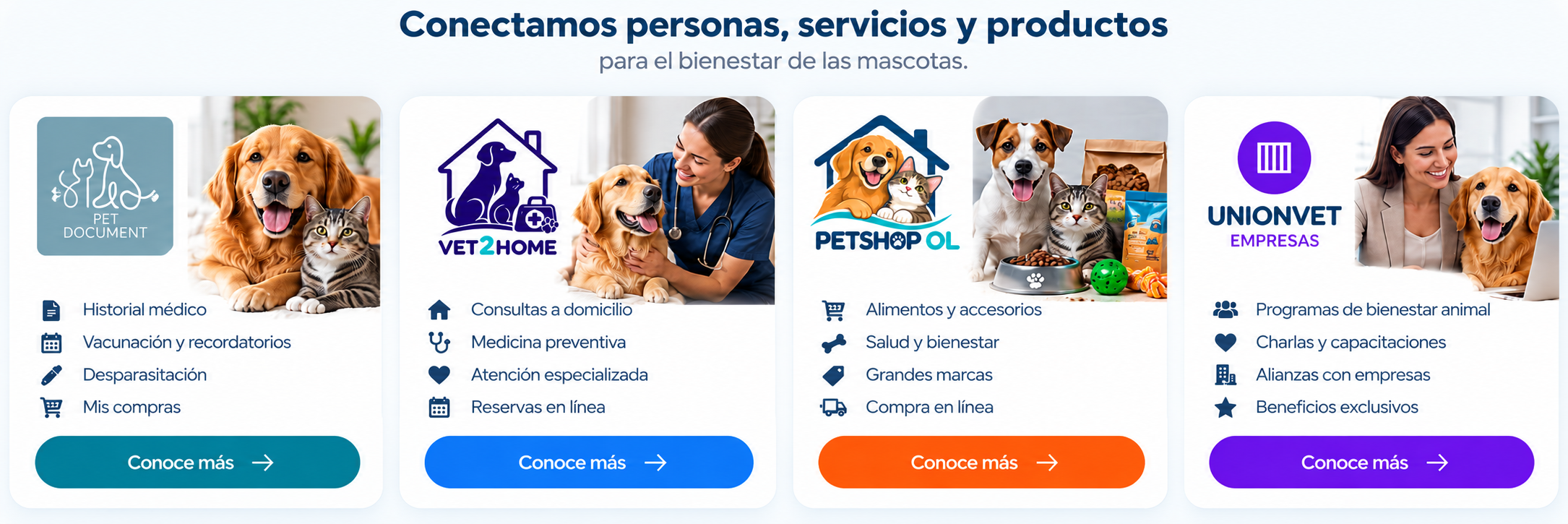 PET DOCUMENT, VET2HOME, PETSHOP OL y UNIONVET Empresas con sus logos e imágenes reales